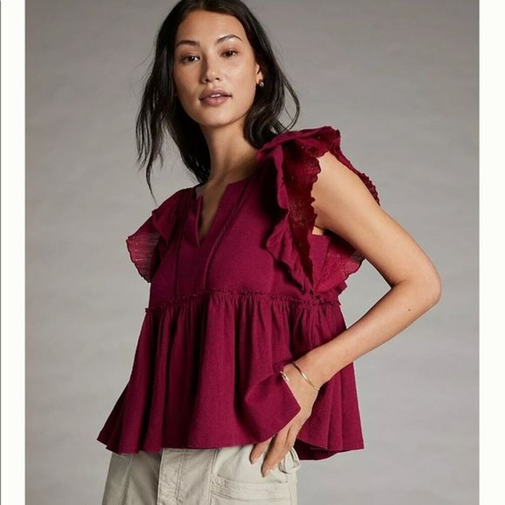 Anthropologie Caroline Ruffled Metallic Thread Cotton & Linen Babydoll Blouse